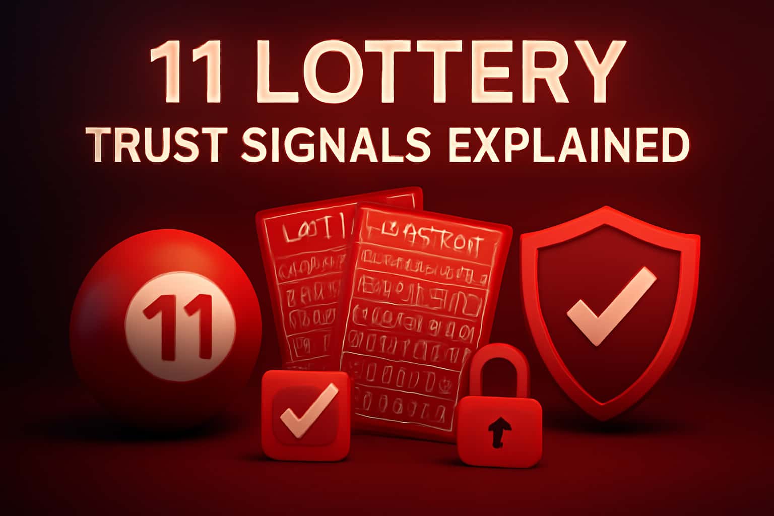 An informative graphic illustrating trust signals associated with the 11 Lottery platform.